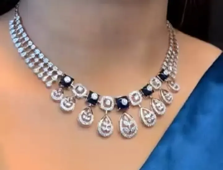 The Mira Sapphire Drop Necklace — Triple diamond rows with sapphire square stations by Chawla Jewellers