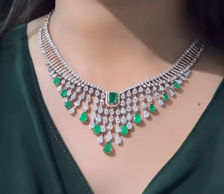 The Anika Emerald Fringe Necklace — Wide diamond collar with emerald pear fringe by Chawla Jewellers
